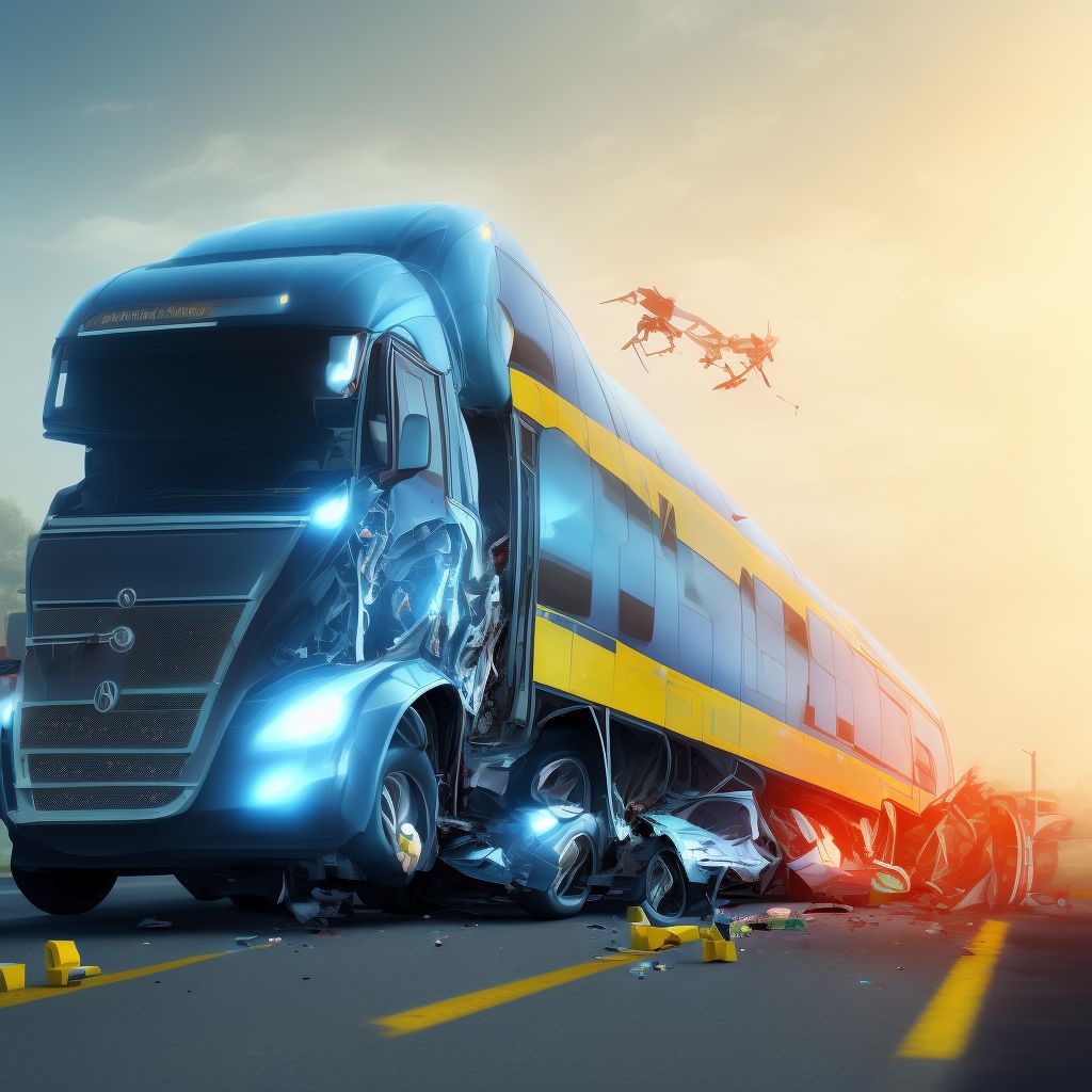 Person on outside of car injured in collision with heavy transport vehicle or bus in nontraffic accident, subsequent encounter digital illustration