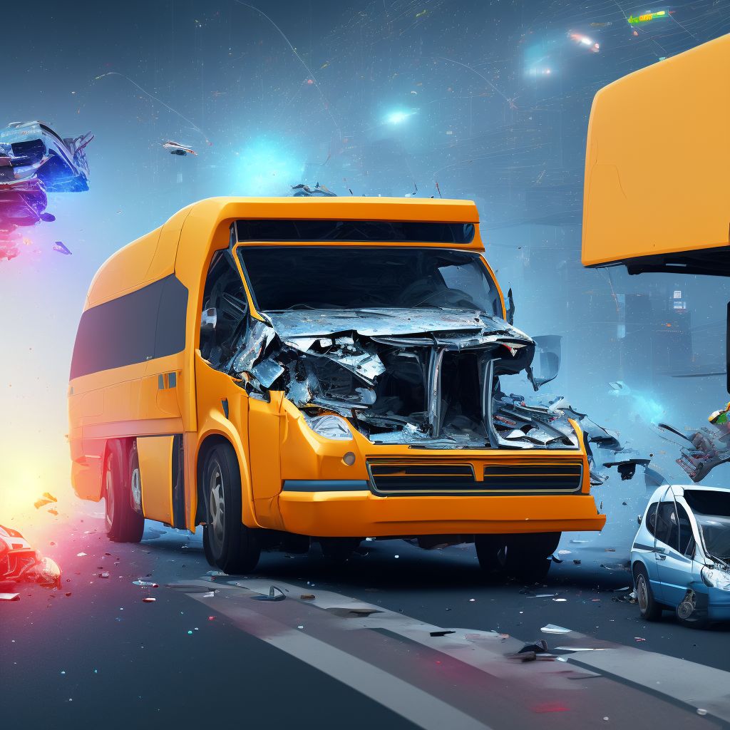 Car driver injured in collision with heavy transport vehicle or bus in traffic accident, subsequent encounter digital illustration