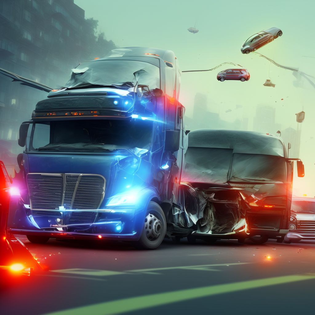 Car driver injured in collision with heavy transport vehicle or bus in traffic accident, sequela digital illustration