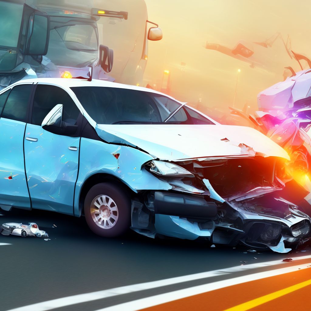 Car passenger injured in collision with heavy transport vehicle or bus in traffic accident, initial encounter digital illustration