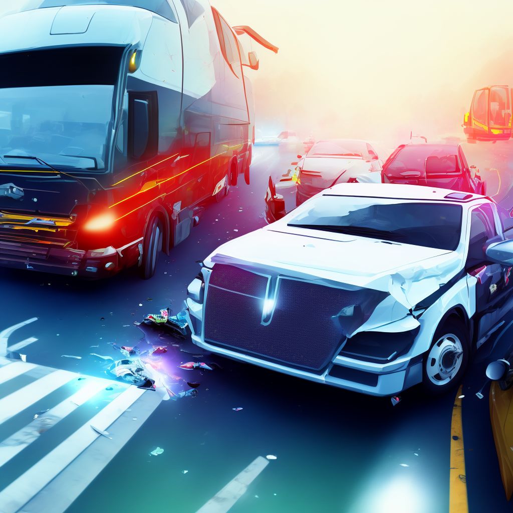 Car passenger injured in collision with heavy transport vehicle or bus in traffic accident, subsequent encounter digital illustration