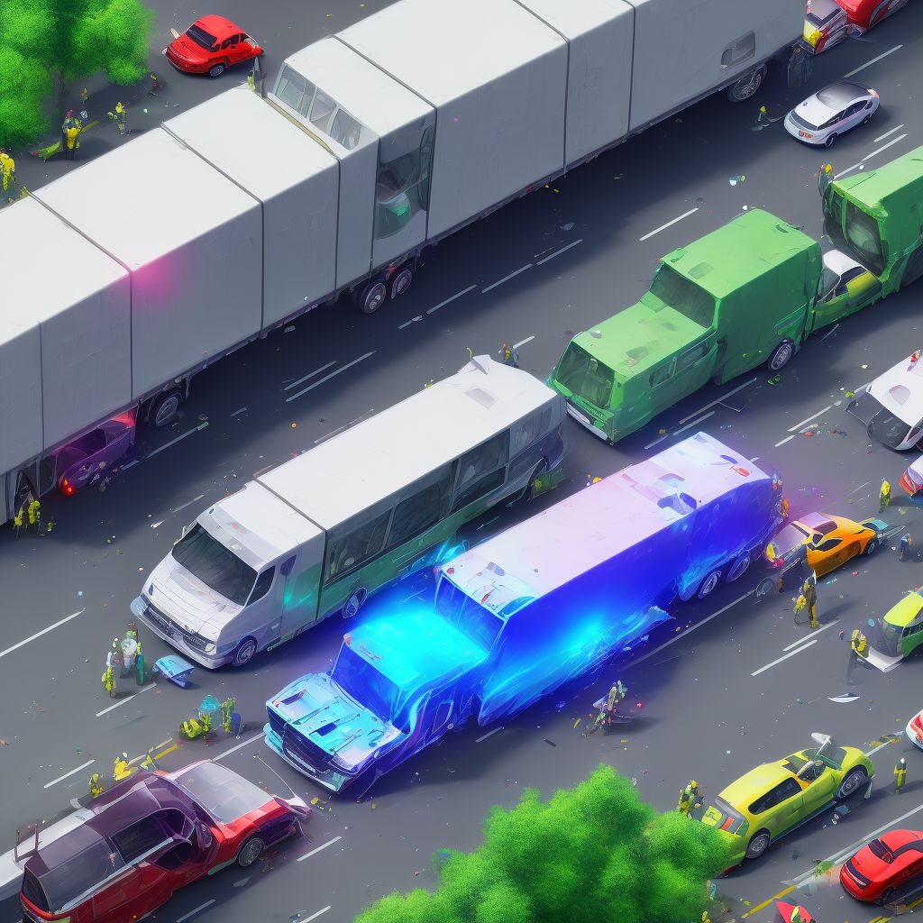 Car passenger injured in collision with heavy transport vehicle or bus in traffic accident, sequela digital illustration