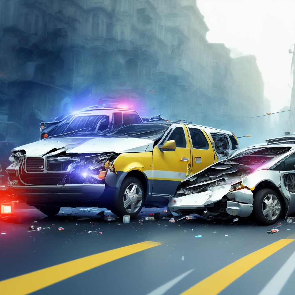 Person on outside of car injured in collision with heavy transport vehicle or bus in traffic accident, subsequent encounter digital illustration