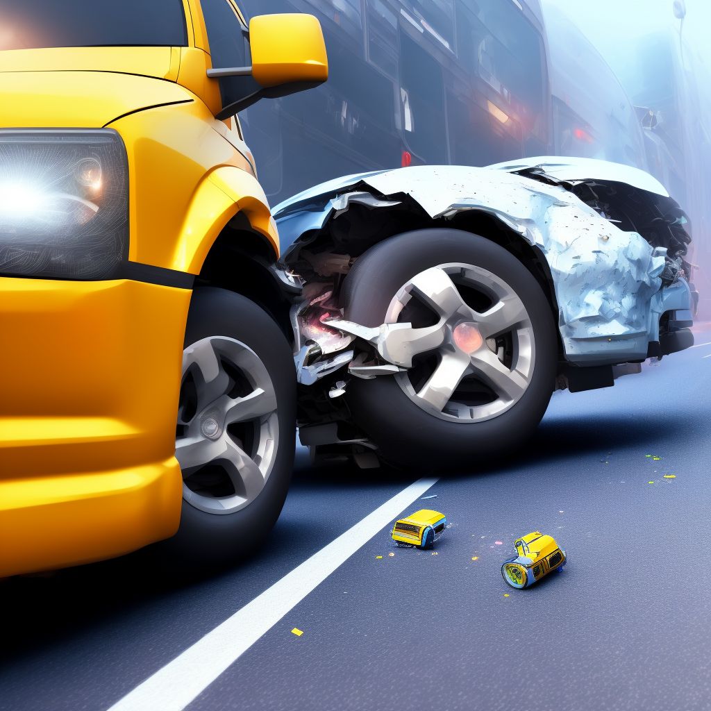 Unspecified car occupant injured in collision with heavy transport vehicle or bus in traffic accident, initial encounter digital illustration