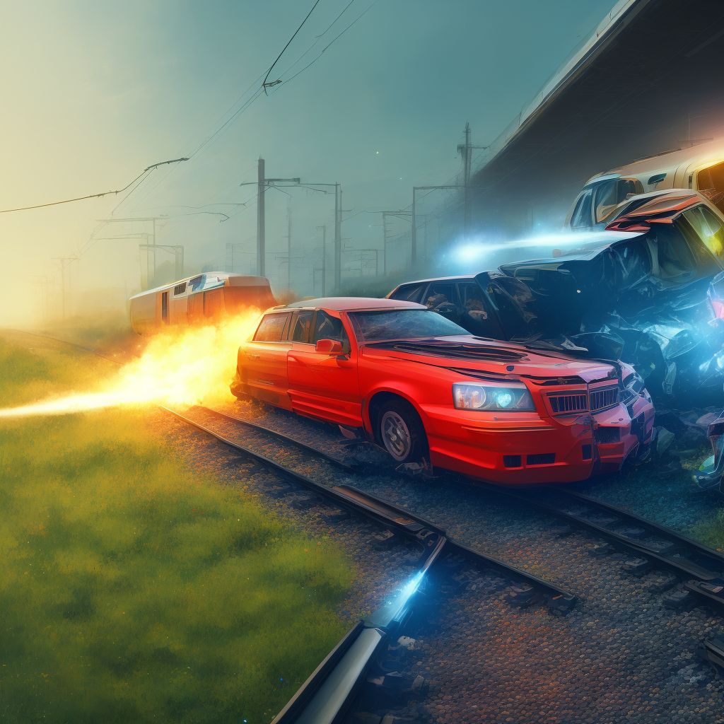 Unspecified car occupant injured in collision with railway train or railway vehicle in nontraffic accident, initial encounter digital illustration