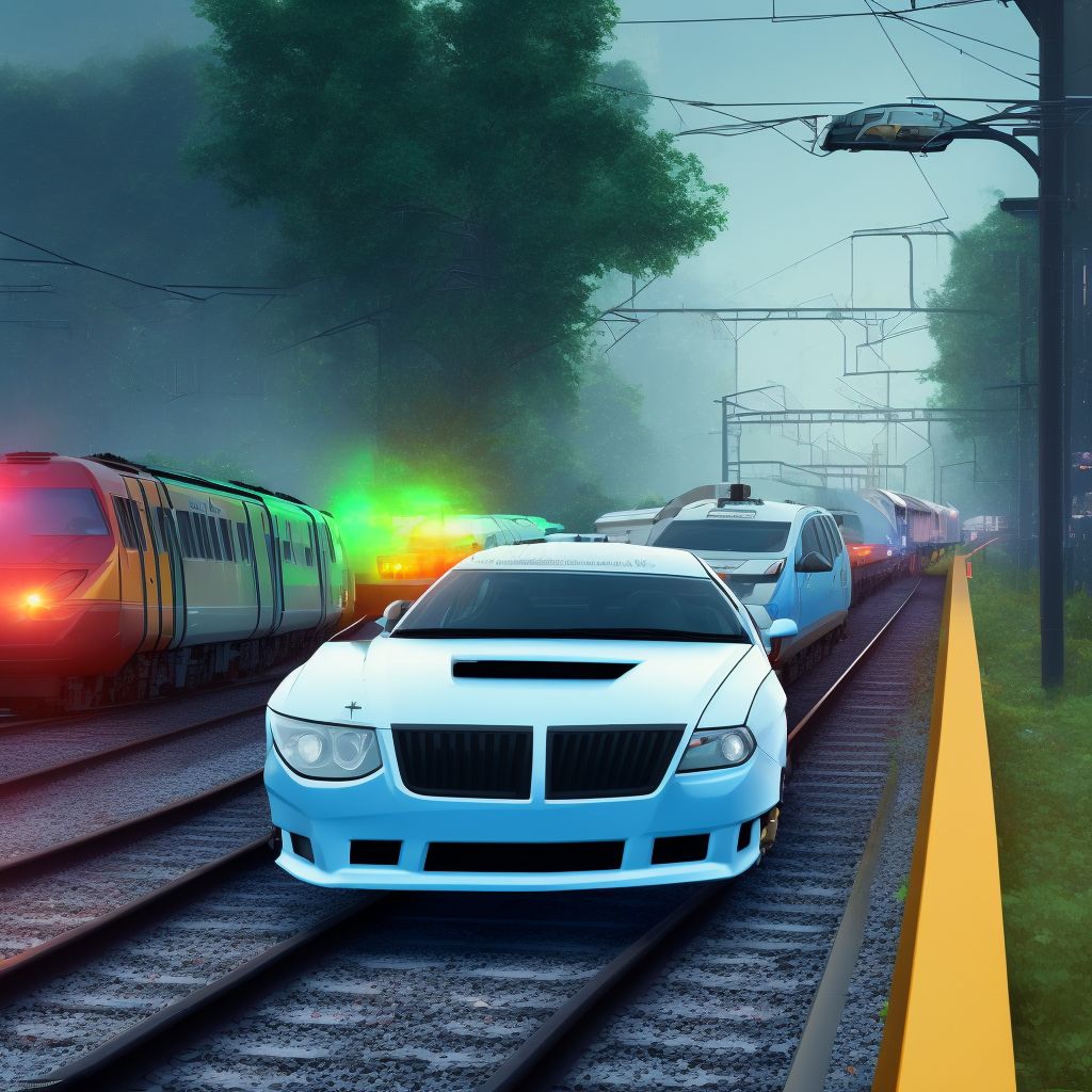 Unspecified car occupant injured in collision with railway train or railway vehicle in nontraffic accident, subsequent encounter digital illustration