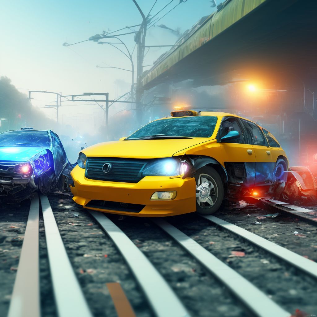 Car driver injured in collision with railway train or railway vehicle in traffic accident, subsequent encounter digital illustration