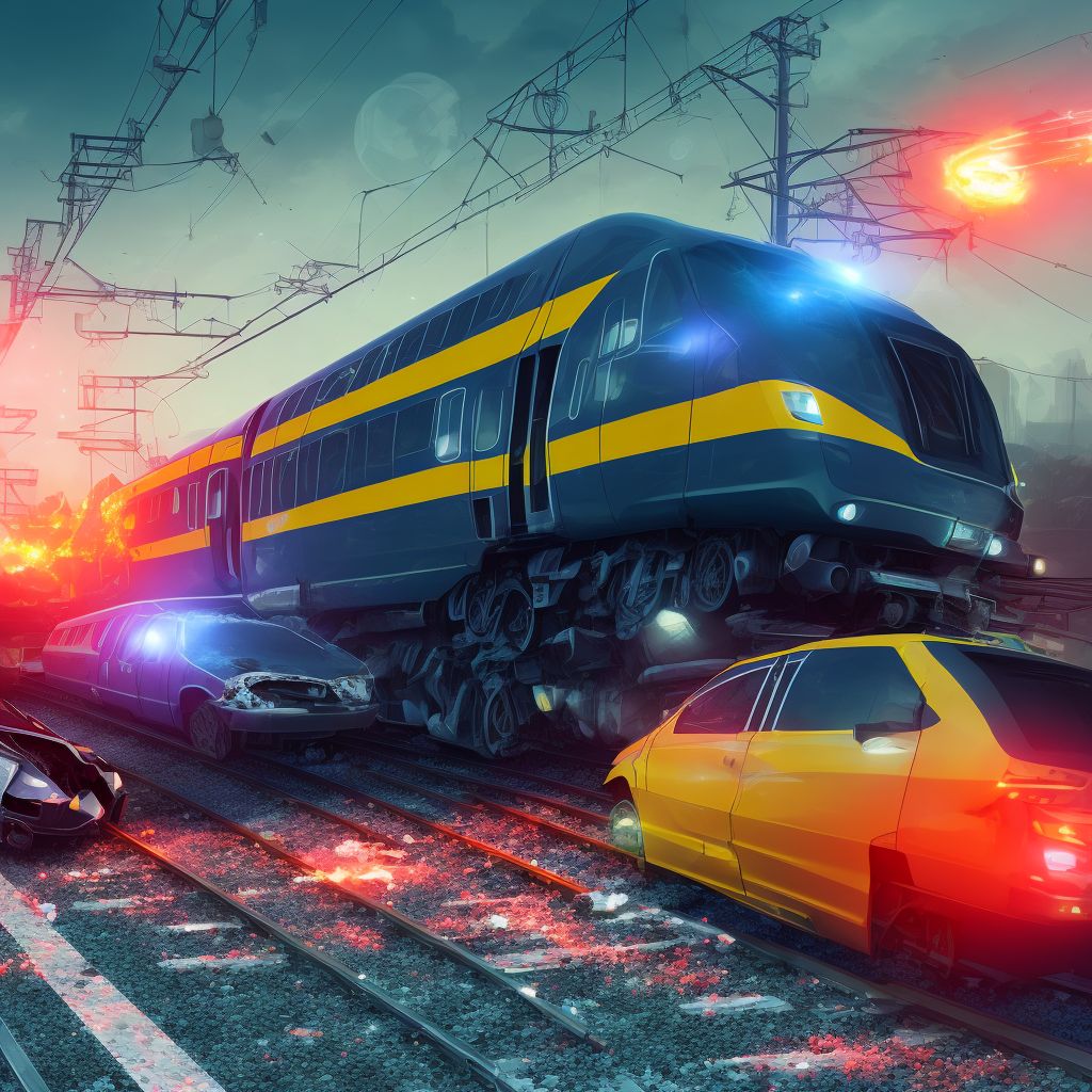 Car driver injured in collision with railway train or railway vehicle in traffic accident, sequela digital illustration