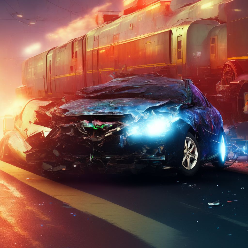 Person on outside of car injured in collision with railway train or railway vehicle in traffic accident, initial encounter digital illustration