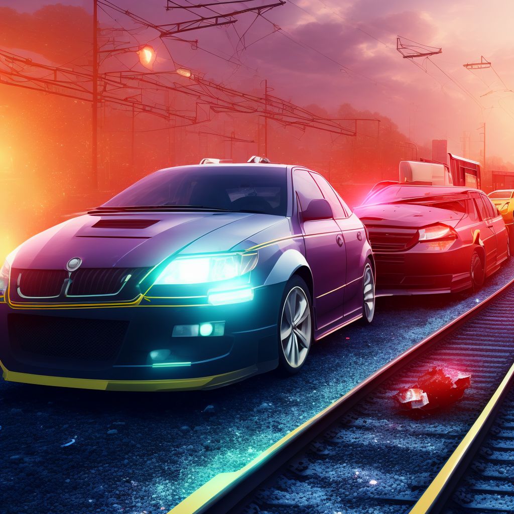 Person on outside of car injured in collision with railway train or railway vehicle in traffic accident, subsequent encounter digital illustration