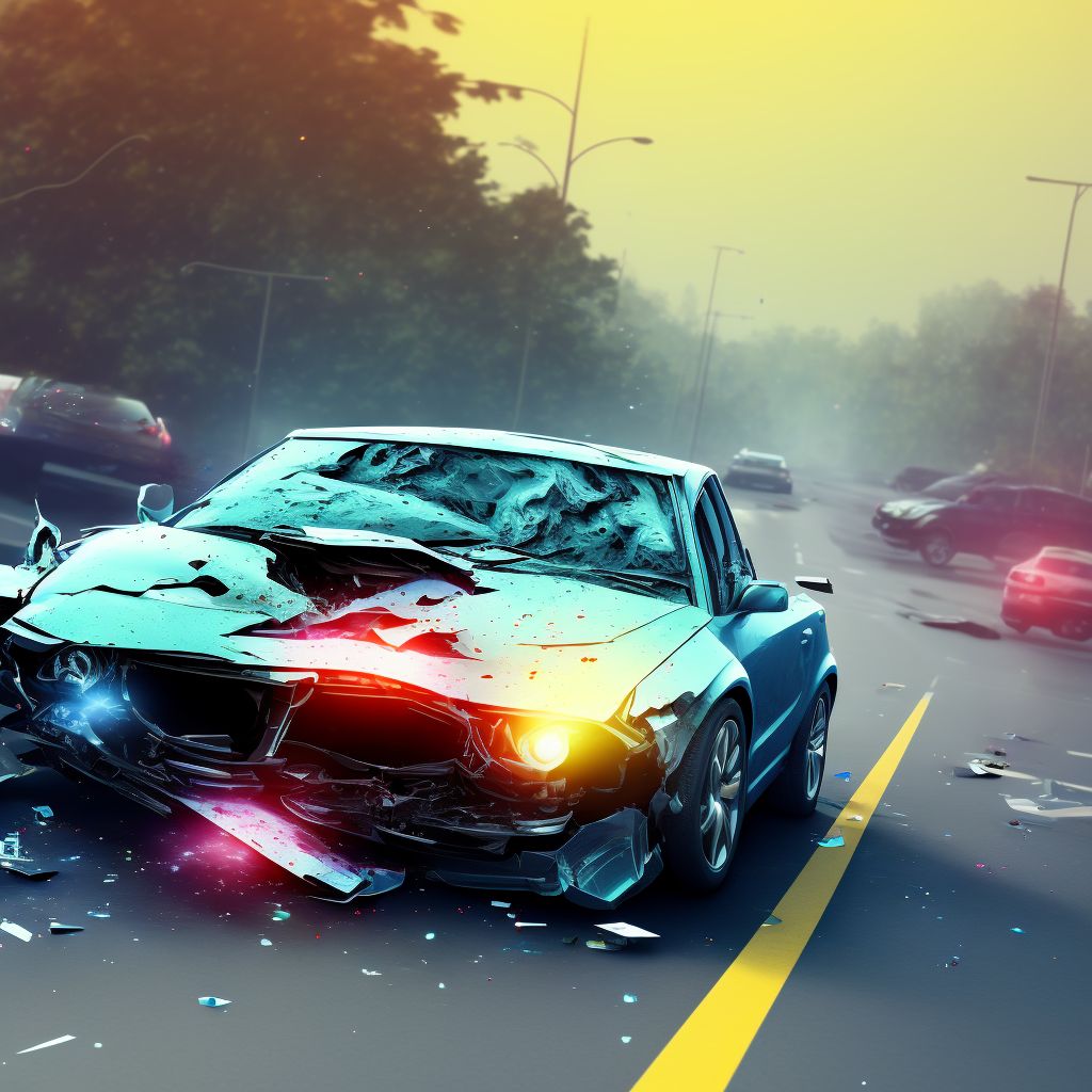 Car passenger injured in collision with fixed or stationary object in nontraffic accident, subsequent encounter digital illustration