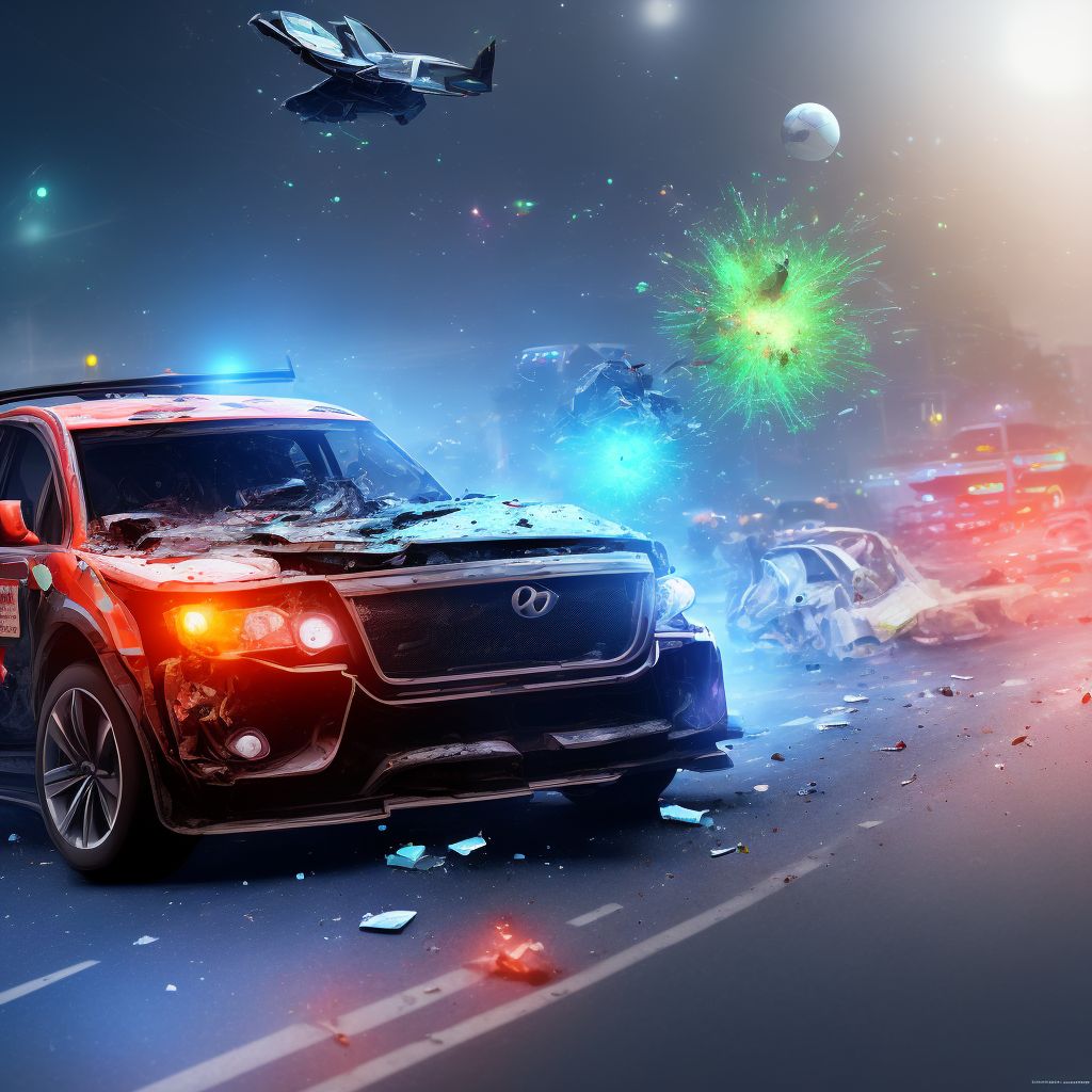 Driver of sport utility vehicle injured in collision with fixed or stationary object in traffic accident, initial encounter digital illustration