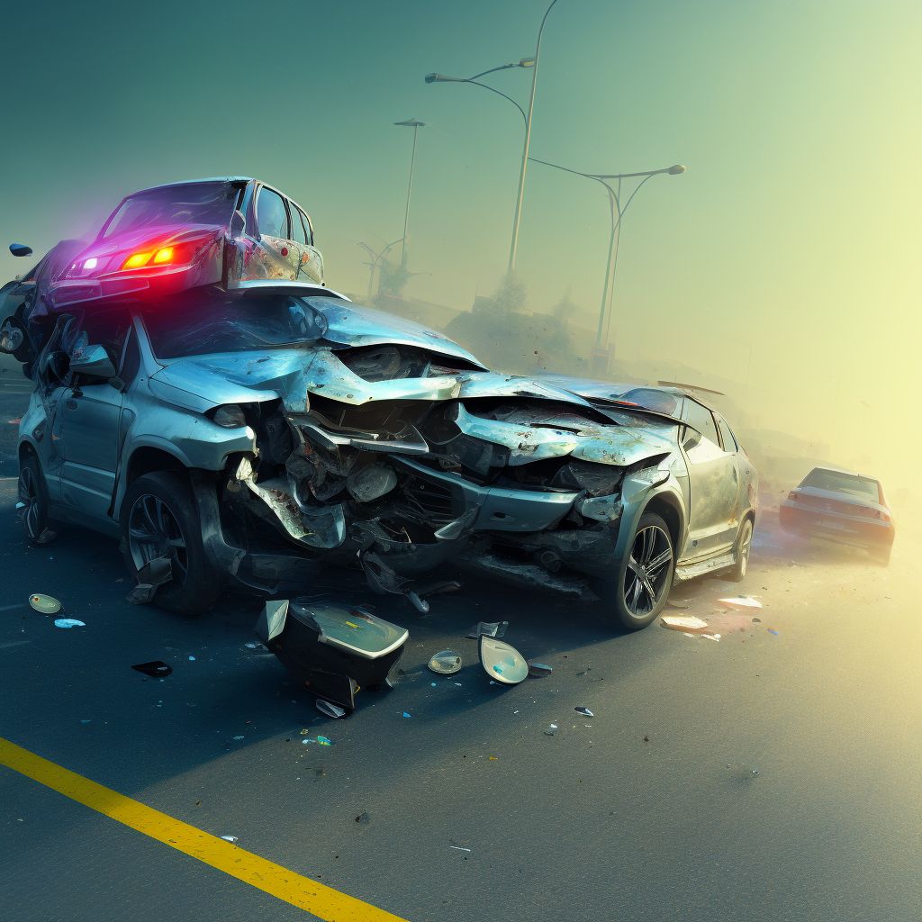 Passenger of sport utility vehicle injured in collision with fixed or stationary object in traffic accident, sequela digital illustration