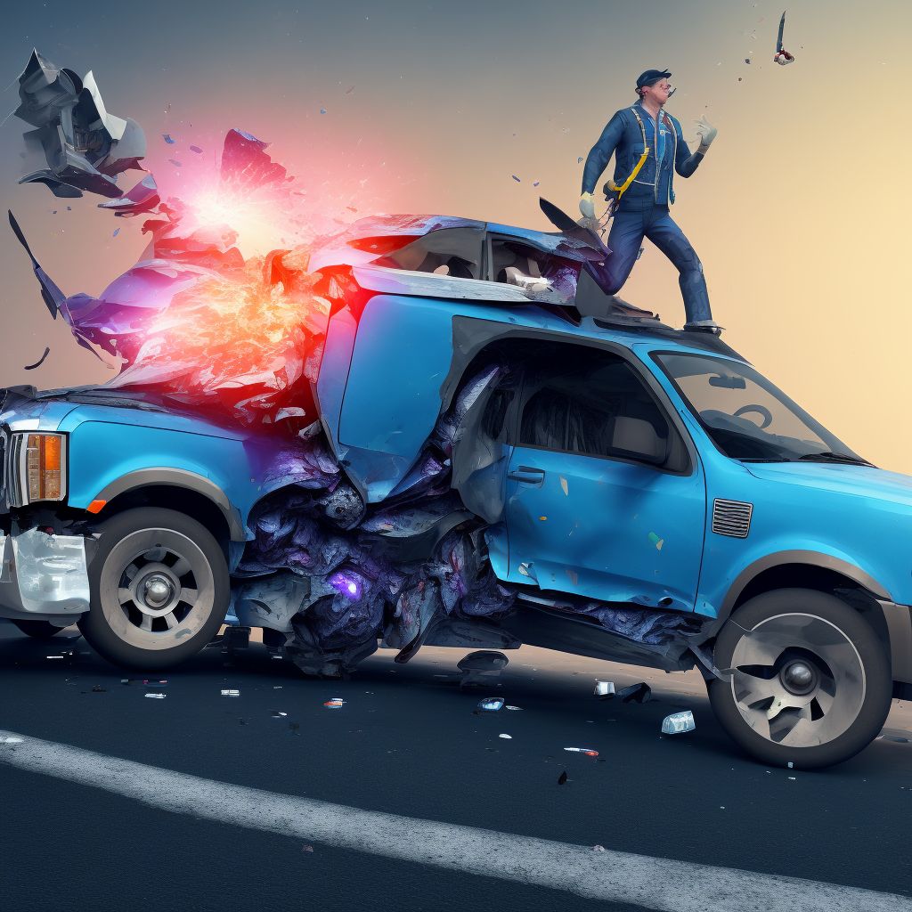 Person on outside of pick-up truck or van injured in collision with pedestrian or animal in nontraffic accident, subsequent encounter digital illustration