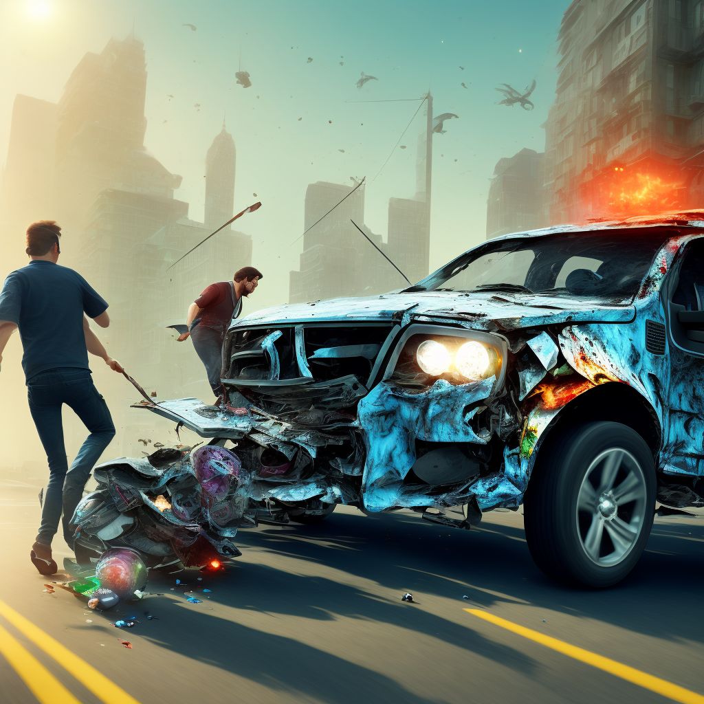 Person boarding or alighting a pick-up truck or van injured in collision with pedestrian or animal, subsequent encounter digital illustration