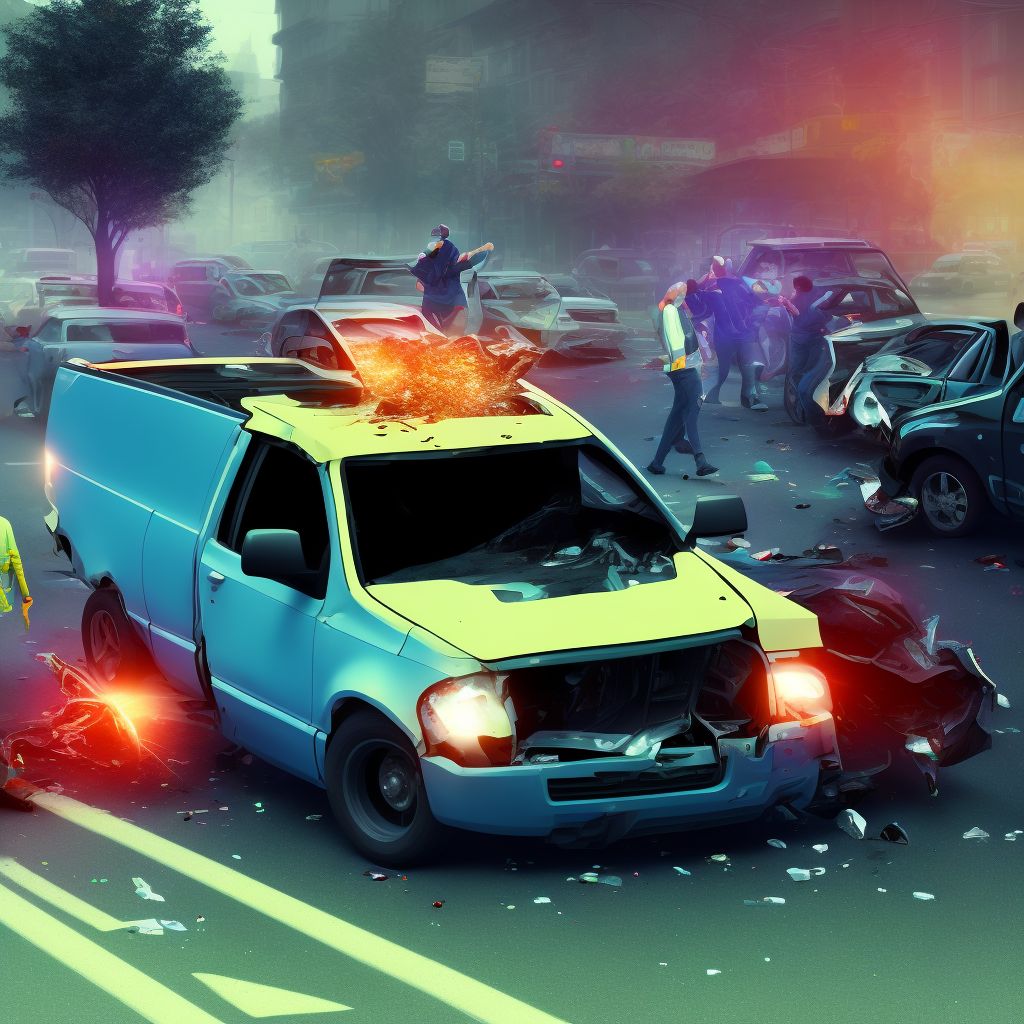 Person on outside of pick-up truck or van injured in collision with pedestrian or animal in traffic accident, subsequent encounter digital illustration