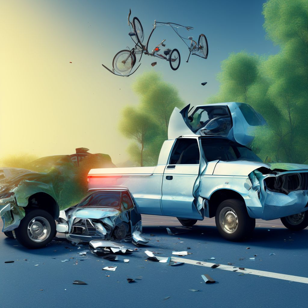 Passenger in pick-up truck or van injured in collision with pedal cycle in nontraffic accident, subsequent encounter digital illustration