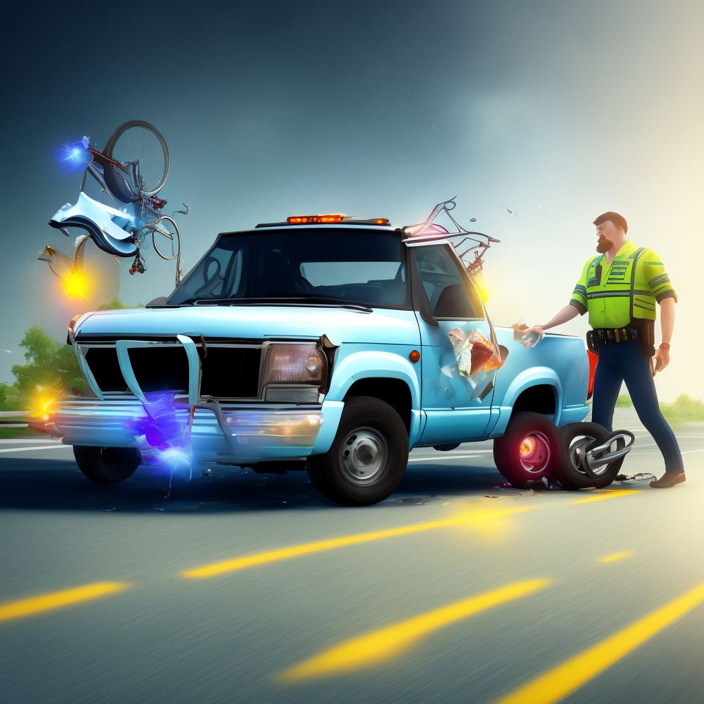 Passenger in pick-up truck or van injured in collision with pedal cycle in traffic accident, initial encounter digital illustration