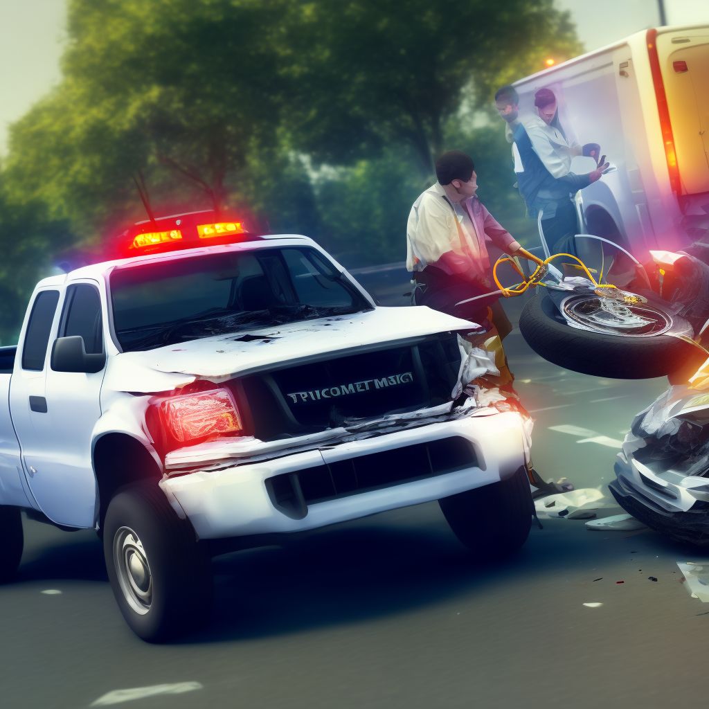 Passenger in pick-up truck or van injured in collision with pedal cycle in traffic accident, subsequent encounter digital illustration