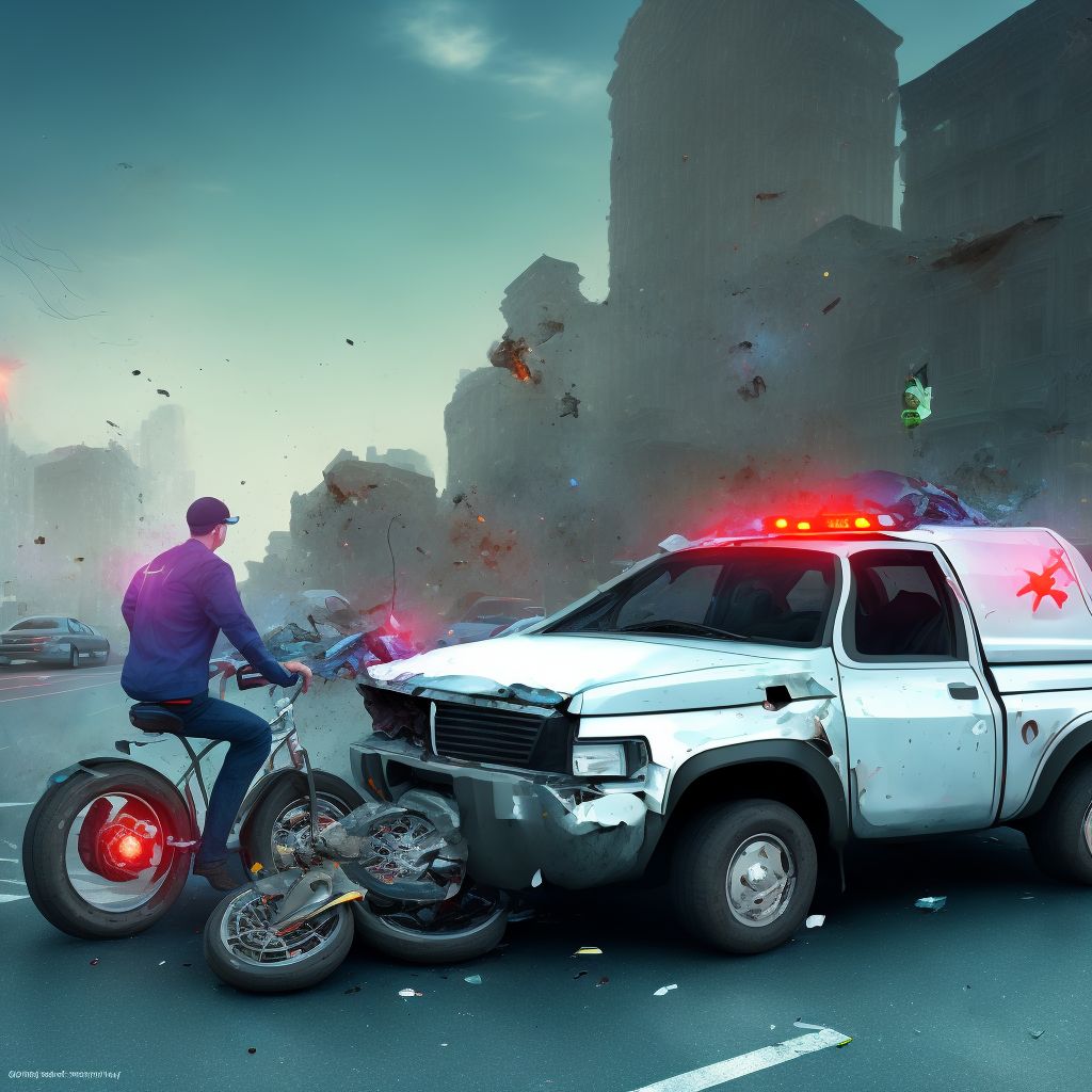 Unspecified occupant of pick-up truck or van injured in collision with pedal cycle in traffic accident, subsequent encounter digital illustration