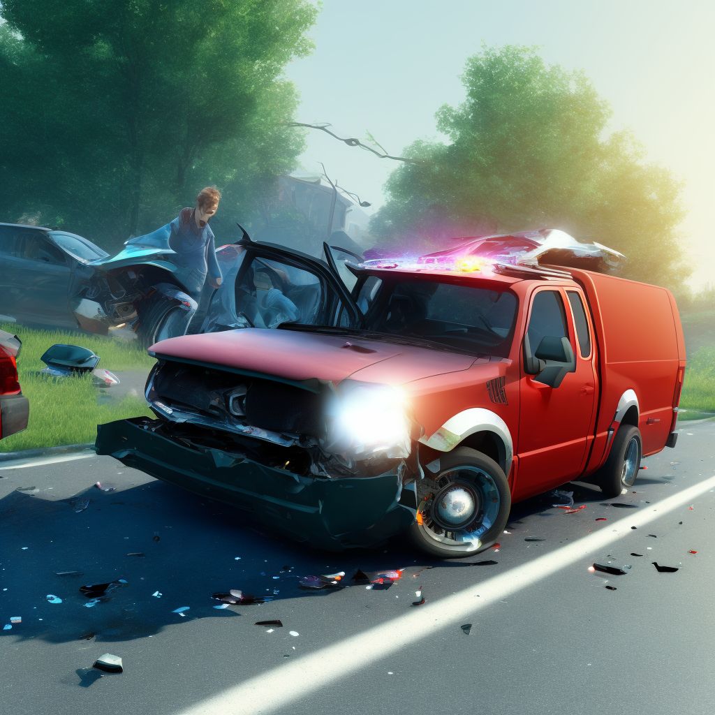 Passenger in pick-up truck or van injured in collision with two- or three-wheeled motor vehicle in nontraffic accident, subsequent encounter digital illustration