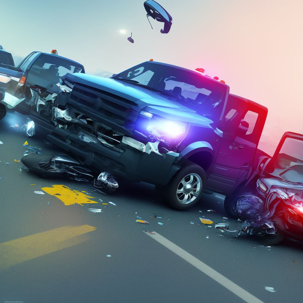 Person on outside of pick-up truck or van injured in collision with two- or three-wheeled motor vehicle in traffic accident, initial encounter digital illustration