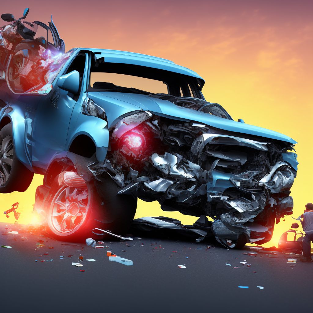 Person on outside of pick-up truck or van injured in collision with two- or three-wheeled motor vehicle in traffic accident, subsequent encounter digital illustration