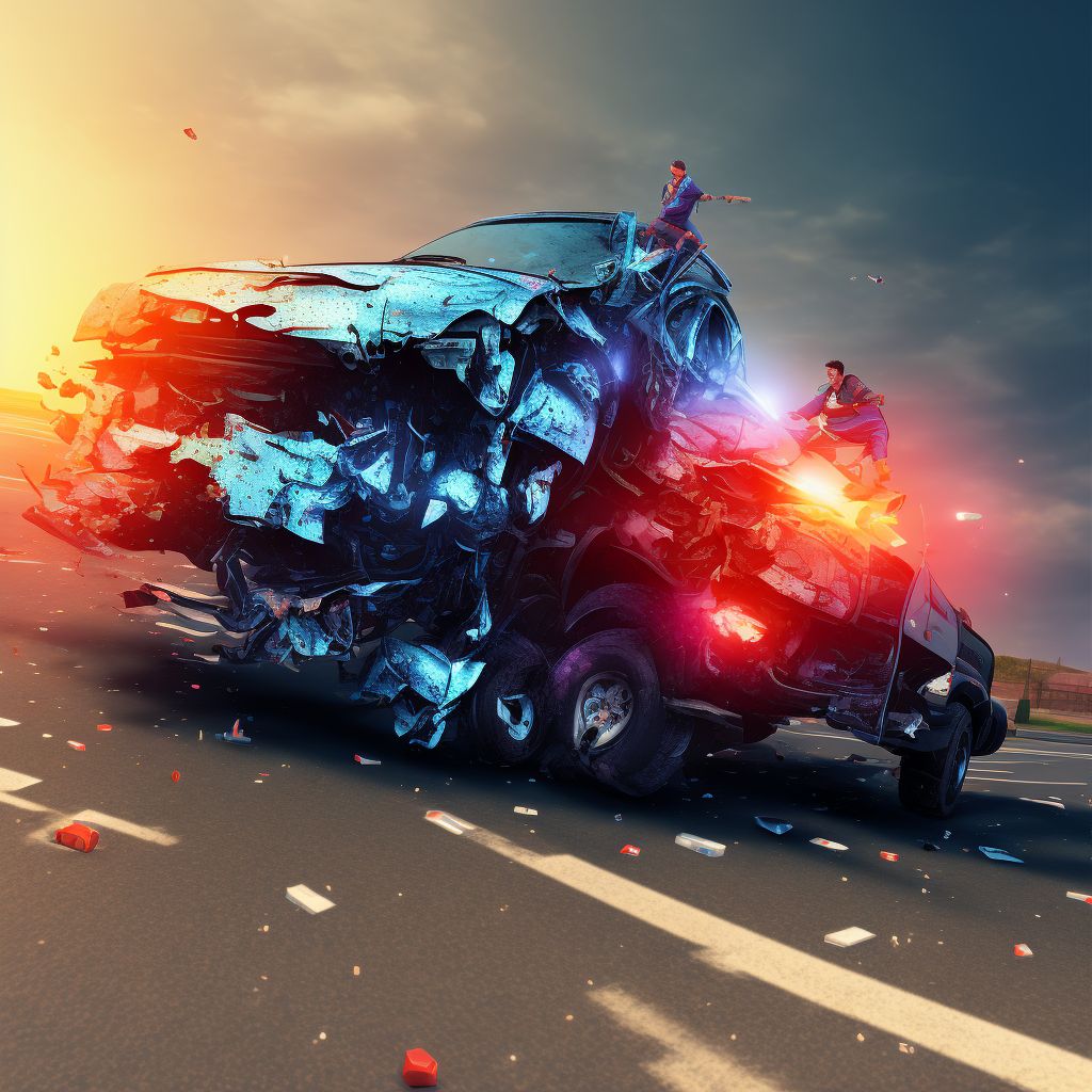 Person on outside of pick-up truck or van injured in collision with car, pick-up truck or van in nontraffic accident, subsequent encounter digital illustration