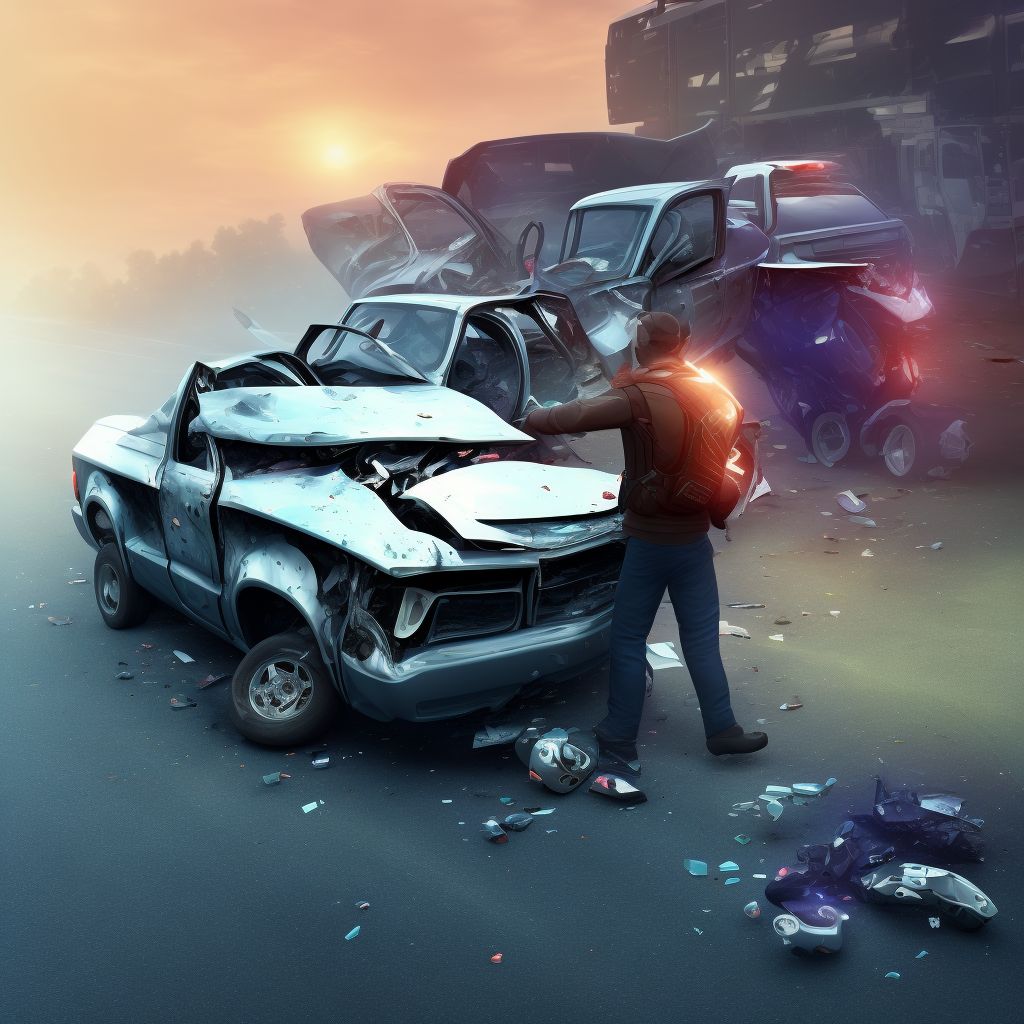 Person on outside of pick-up truck or van injured in collision with car, pick-up truck or van in nontraffic accident, sequela digital illustration