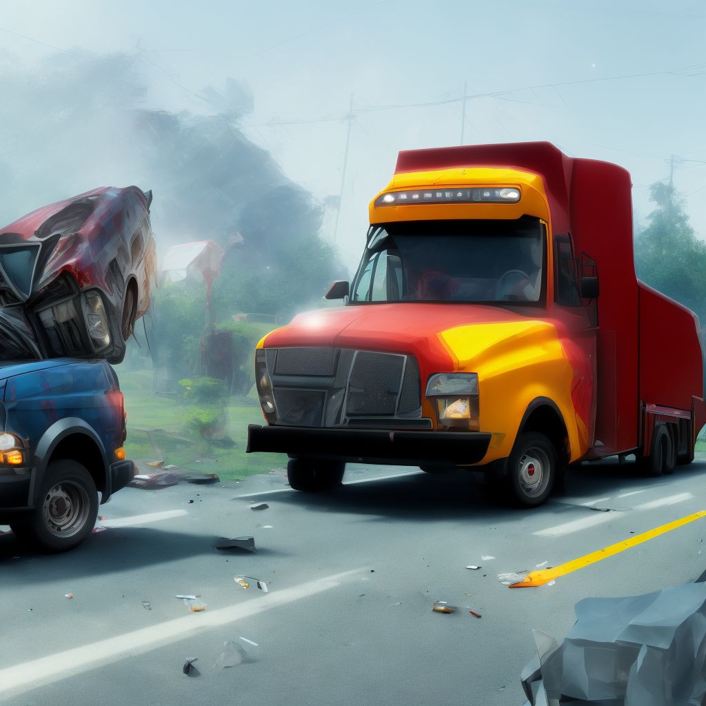 Passenger in pick-up truck or van injured in collision with heavy transport vehicle or bus in nontraffic accident, initial encounter digital illustration