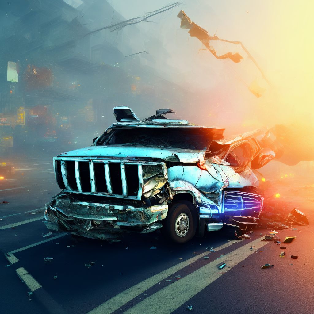 Passenger in pick-up truck or van injured in collision with heavy transport vehicle or bus in nontraffic accident, subsequent encounter digital illustration