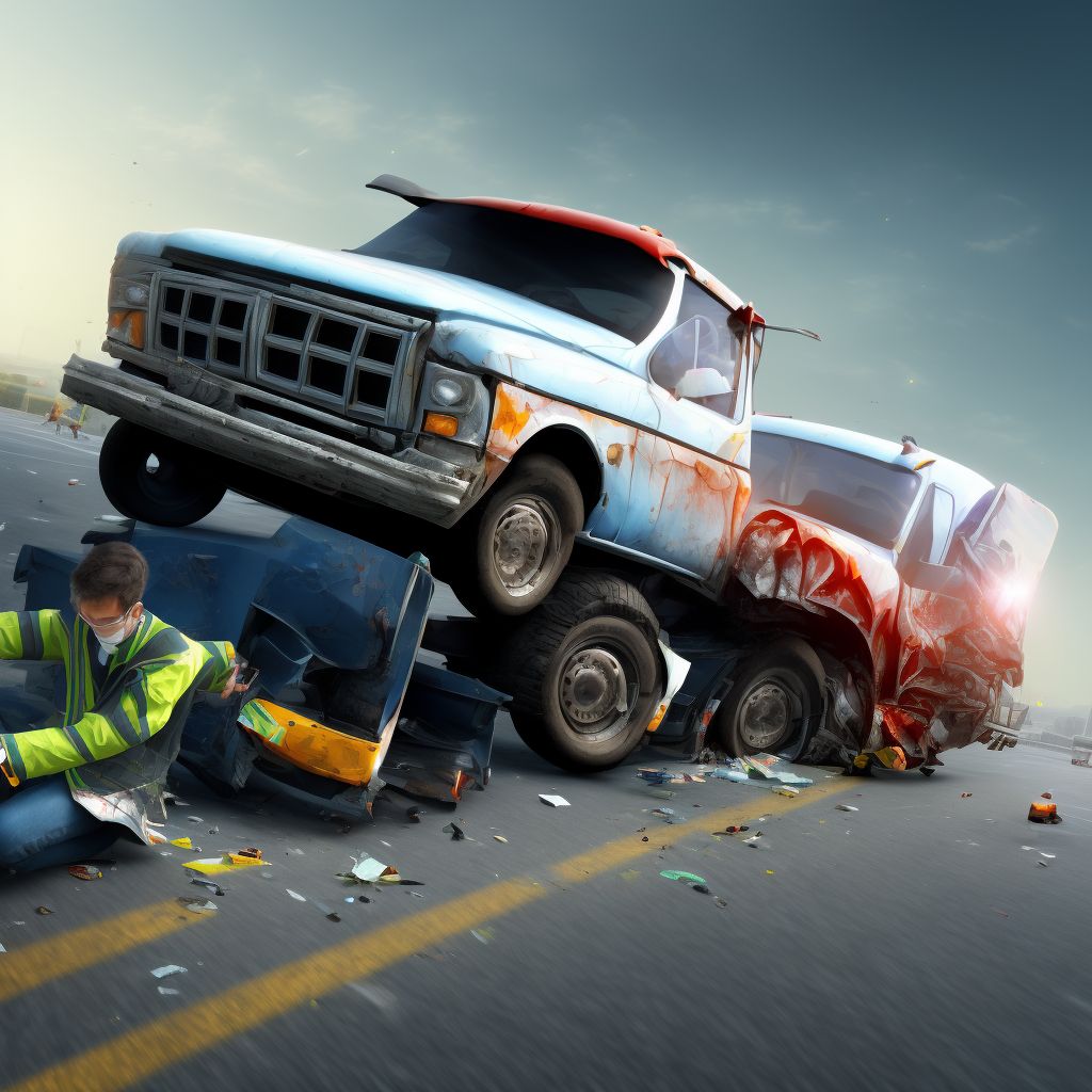 Person on outside of pick-up truck or van injured in collision with heavy transport vehicle or bus in nontraffic accident, initial encounter digital illustration