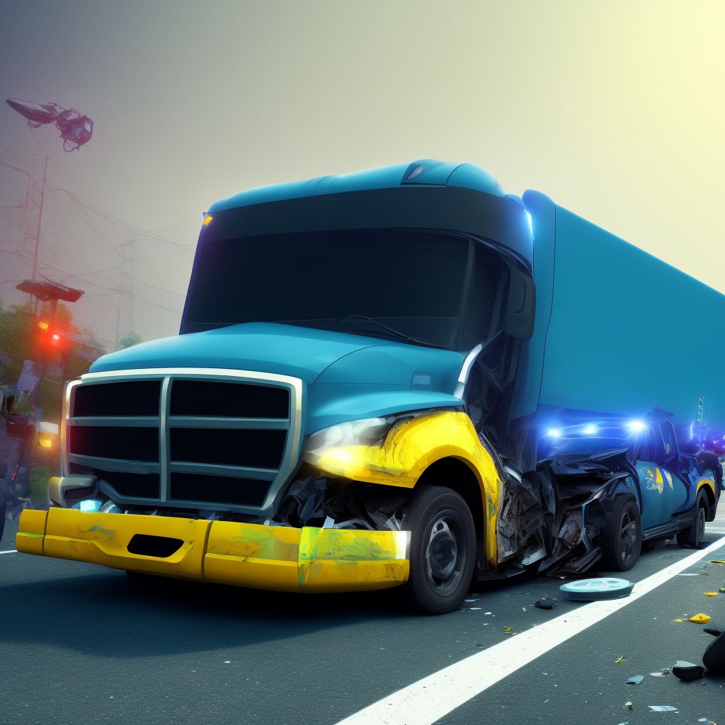 Person on outside of pick-up truck or van injured in collision with heavy transport vehicle or bus in nontraffic accident, subsequent encounter digital illustration