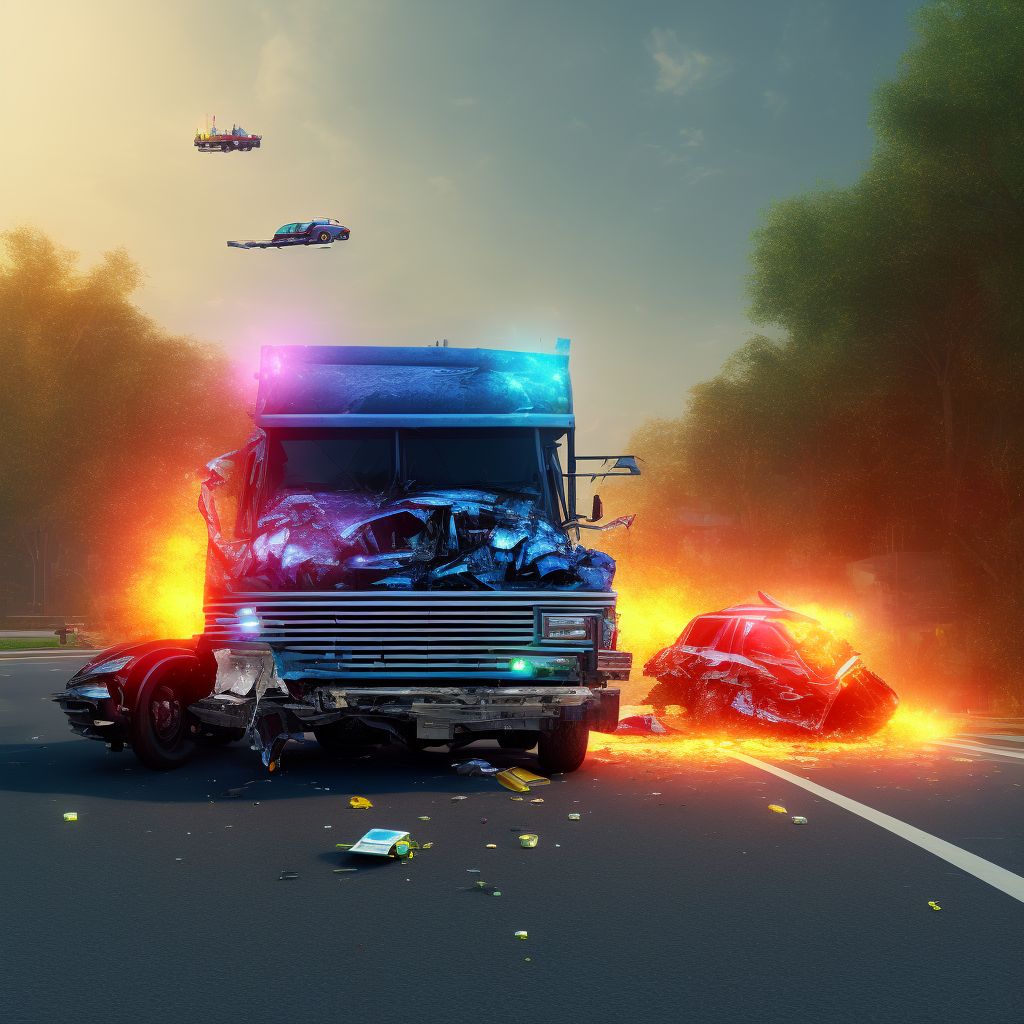 Unspecified occupant of pick-up truck or van injured in collision with heavy transport vehicle or bus in nontraffic accident, sequela digital illustration