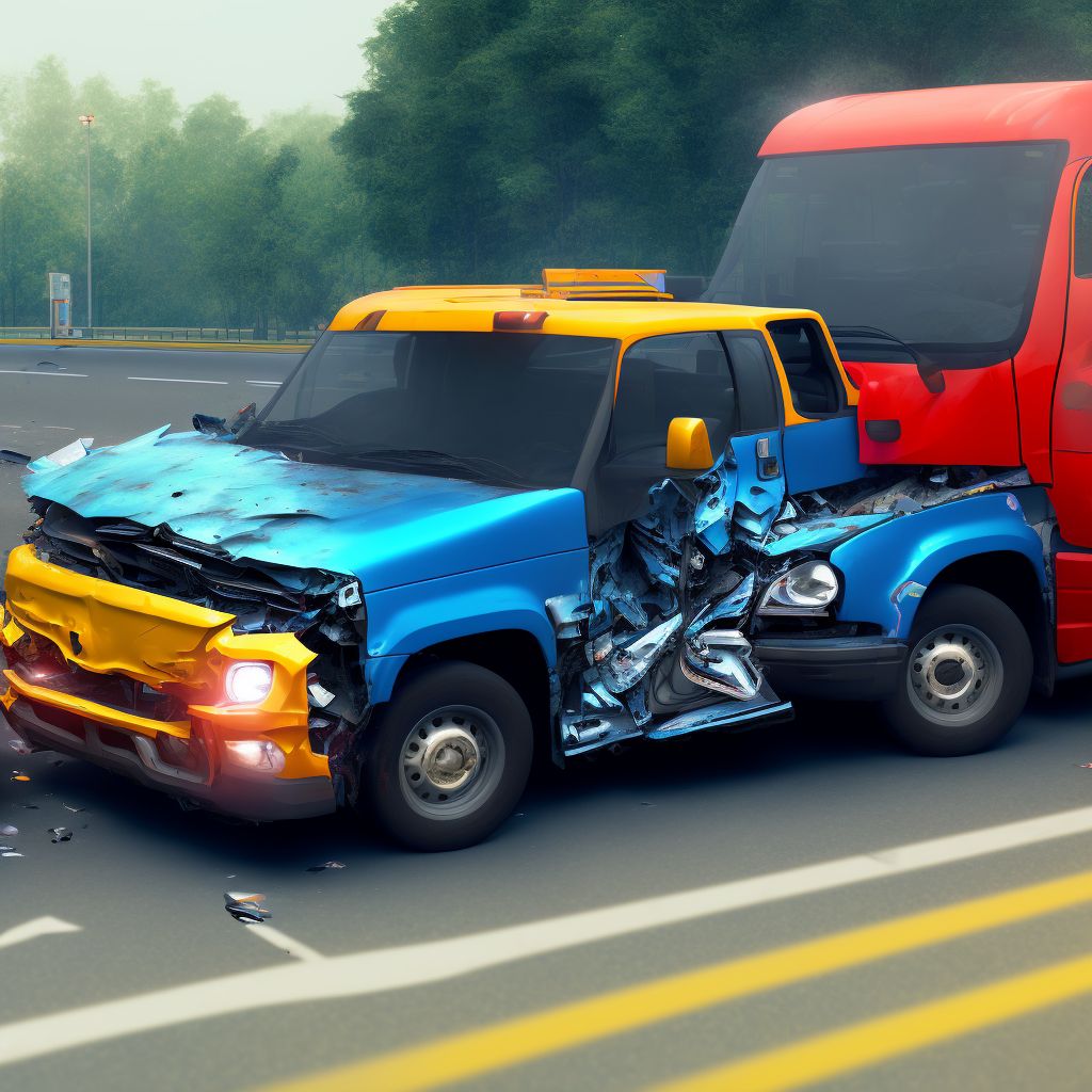 Driver of pick-up truck or van injured in collision with heavy transport vehicle or bus in traffic accident, subsequent encounter digital illustration