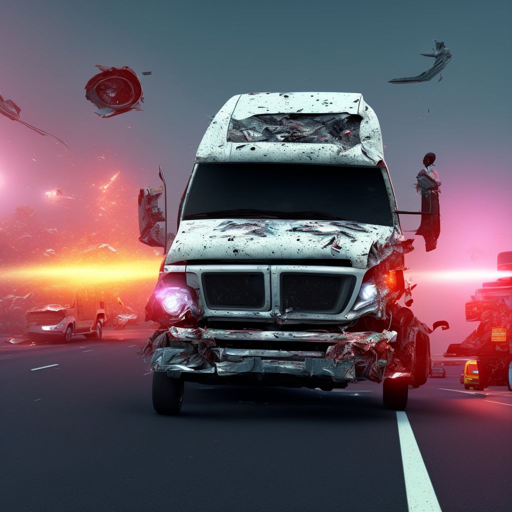 Passenger in pick-up truck or van injured in collision with heavy transport vehicle or bus in traffic accident, initial encounter digital illustration