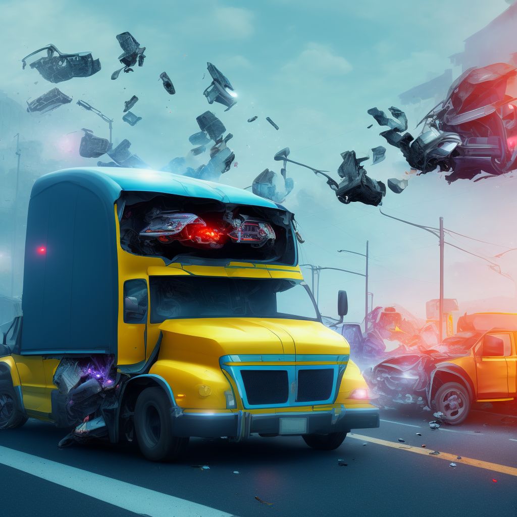 Person on outside of pick-up truck or van injured in collision with heavy transport vehicle or bus in traffic accident, subsequent encounter digital illustration