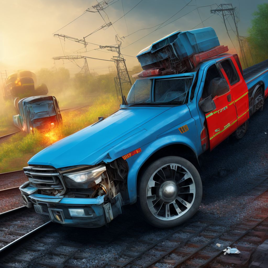 Driver of pick-up truck or van injured in collision with railway train or railway vehicle in nontraffic accident, initial encounter digital illustration