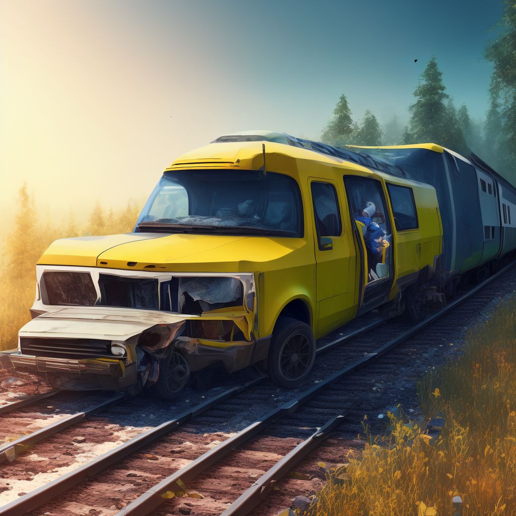 Passenger in pick-up truck or van injured in collision with railway train or railway vehicle in nontraffic accident, initial encounter digital illustration