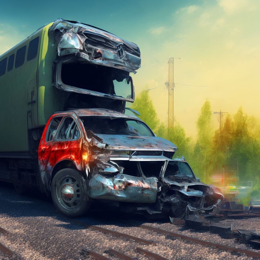 Passenger in pick-up truck or van injured in collision with railway train or railway vehicle in nontraffic accident, subsequent encounter digital illustration