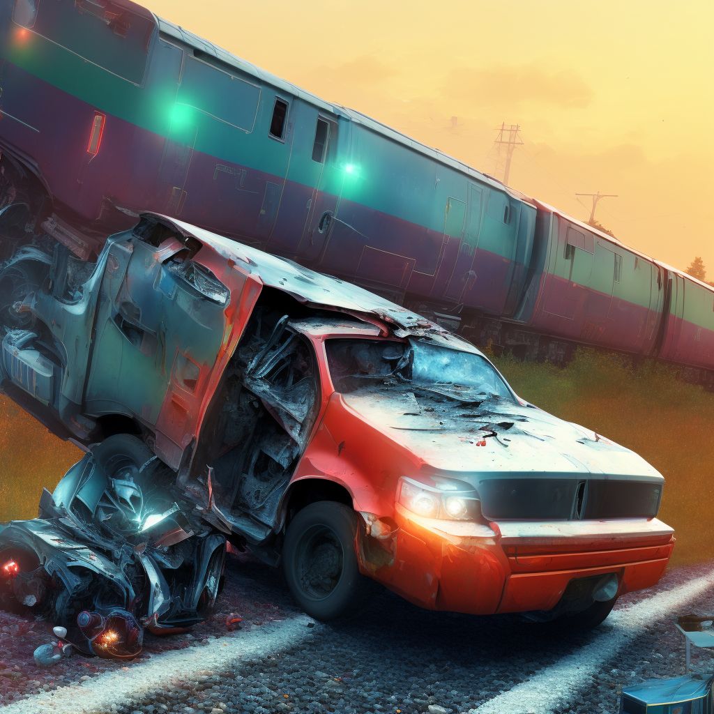 Person on outside of pick-up truck or van injured in collision with railway train or railway vehicle in nontraffic accident, initial encounter digital illustration