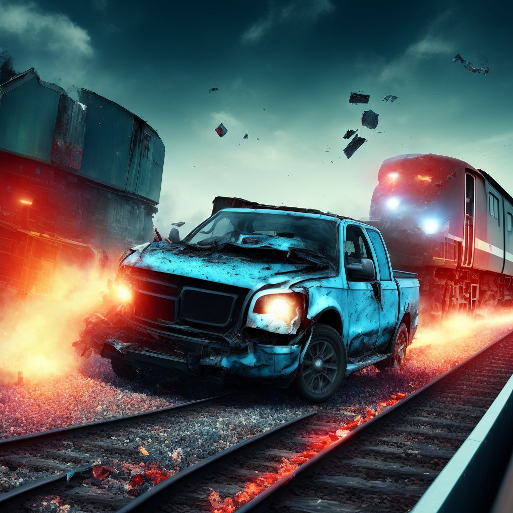 Person on outside of pick-up truck or van injured in collision with railway train or railway vehicle in nontraffic accident, subsequent encounter digital illustration