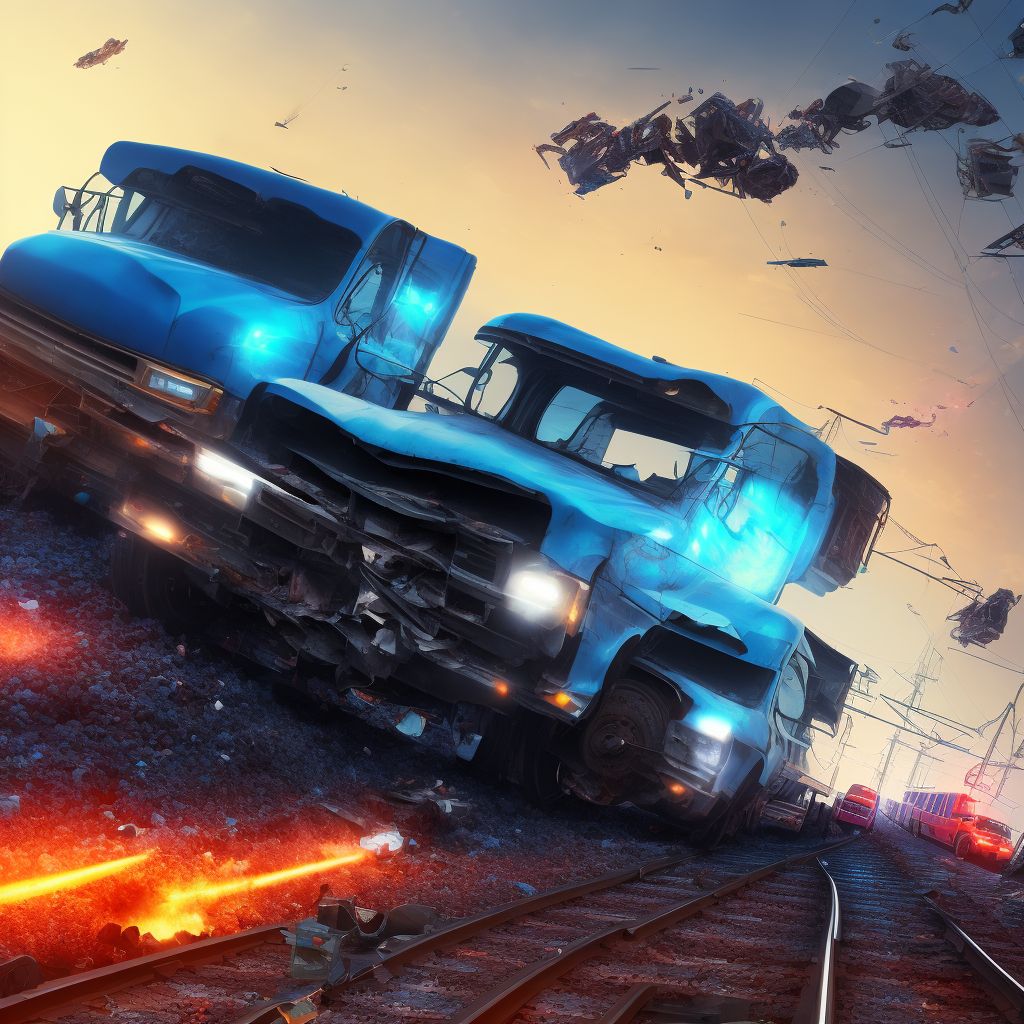 Driver of pick-up truck or van injured in collision with railway train or railway vehicle in traffic accident, subsequent encounter digital illustration