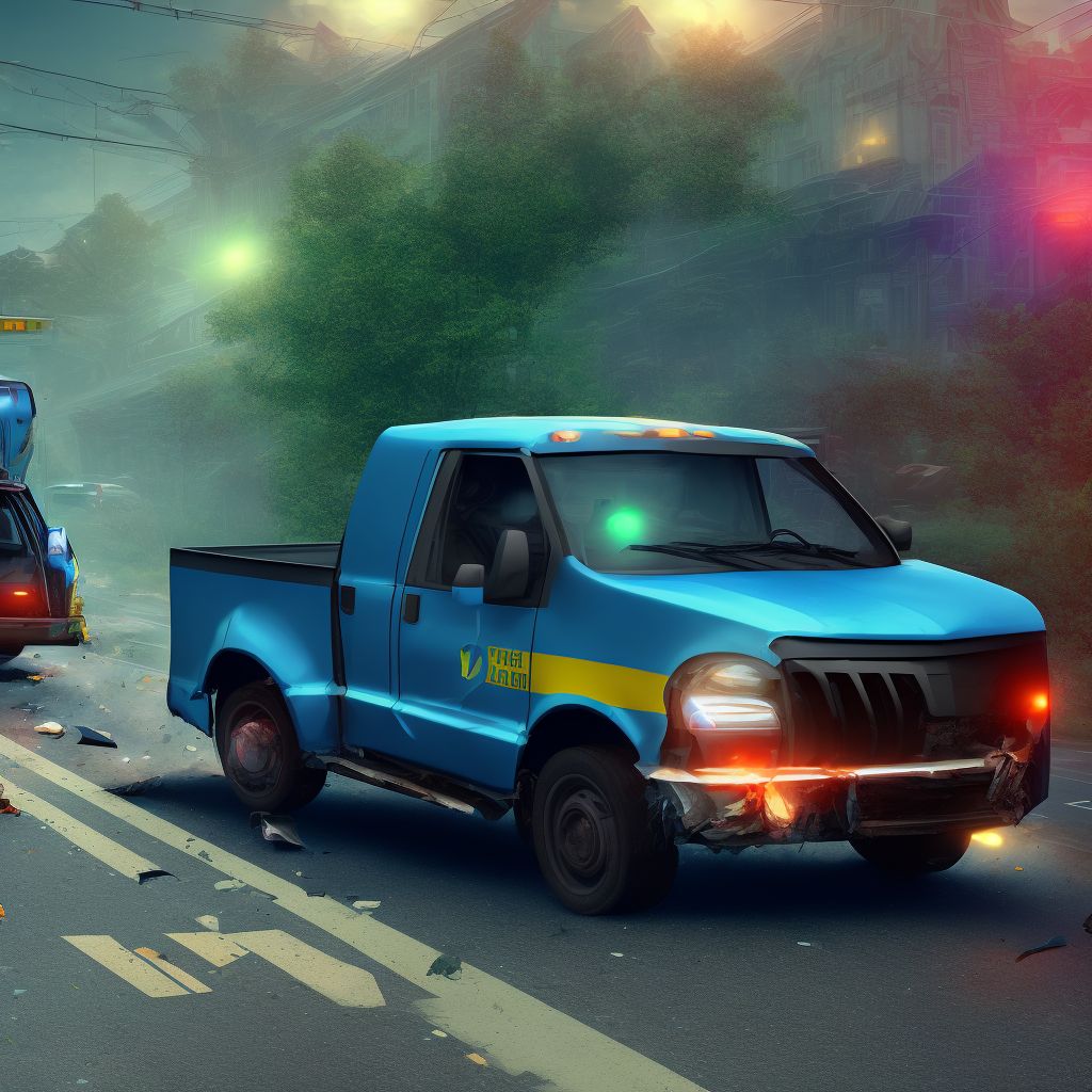 Passenger in pick-up truck or van injured in collision with railway train or railway vehicle in traffic accident, sequela digital illustration