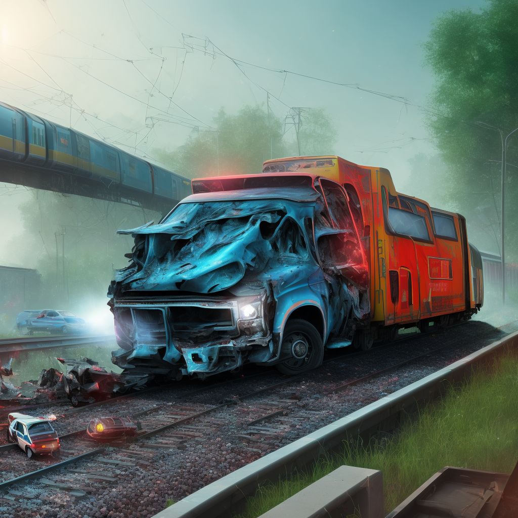 Unspecified occupant of pick-up truck or van injured in collision with railway train or railway vehicle in traffic accident, initial encounter digital illustration