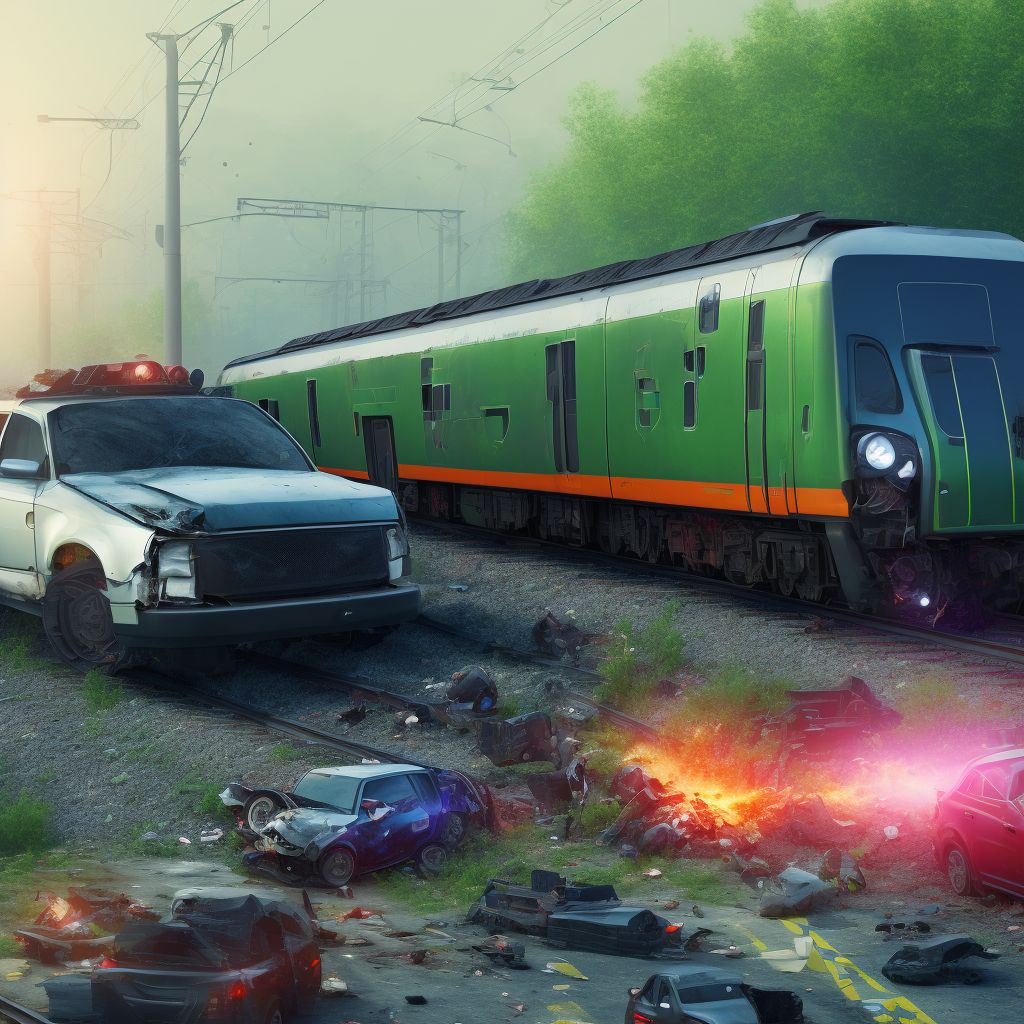 Unspecified occupant of pick-up truck or van injured in collision with railway train or railway vehicle in traffic accident, subsequent encounter digital illustration