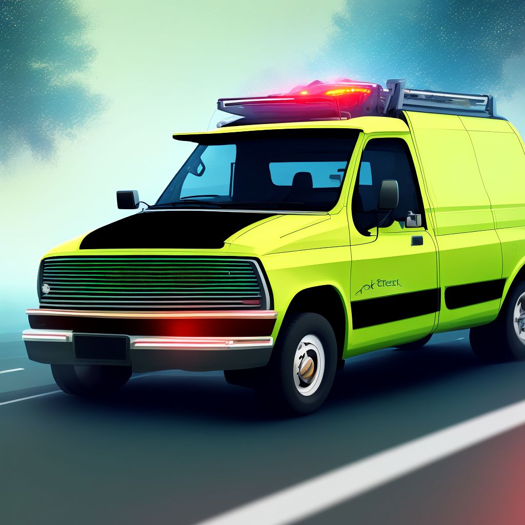 Passenger in pick-up truck or van injured in collision with fixed or stationary object in traffic accident, subsequent encounter digital illustration