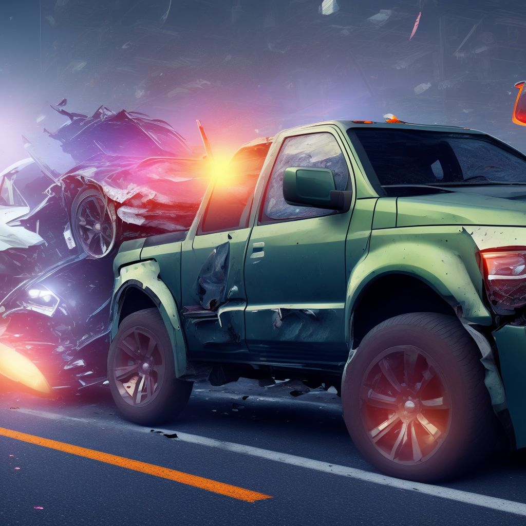 Passenger in pick-up truck or van injured in collision with other motor vehicles in traffic accident, subsequent encounter digital illustration