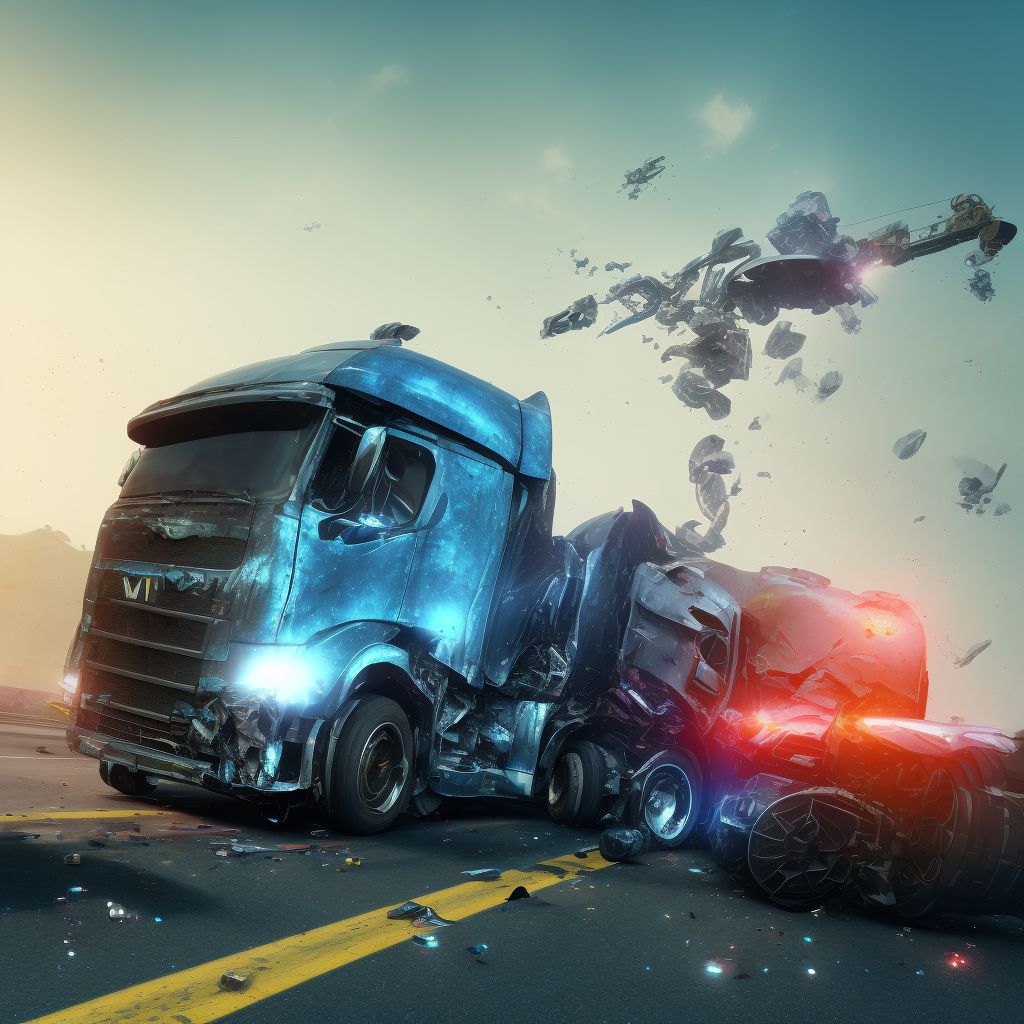 Person on outside of heavy transport vehicle injured in collision with pedestrian or animal in nontraffic accident, subsequent encounter digital illustration