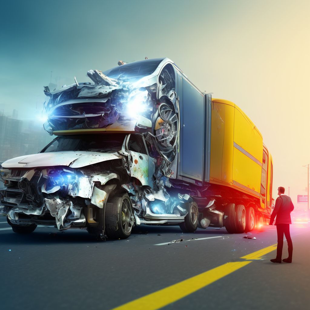 Person on outside of heavy transport vehicle injured in collision with pedestrian or animal in traffic accident, initial encounter digital illustration